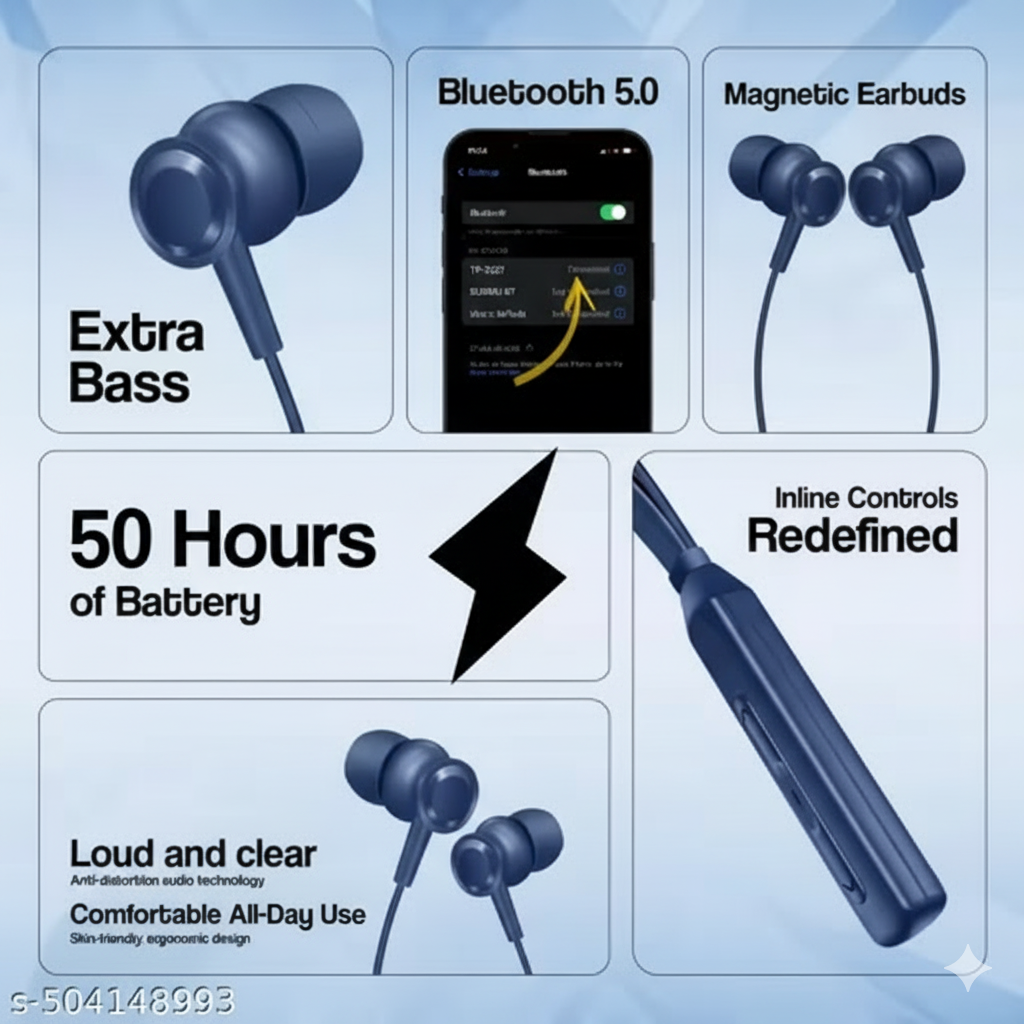 TP Troops Wireless Neckband Earphones – Bluetooth, 10mm Drivers, 50H Playtime, Type-C Fast Charging, Voice Assistant (Blue)