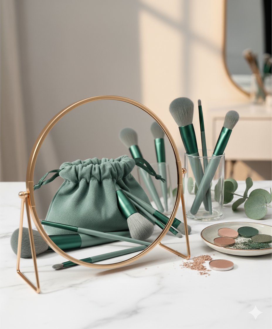 Professional 12-Piece Brown Makeup Brush Set with 1 Beauty Blender – Complete Face & Eye Makeup Kit