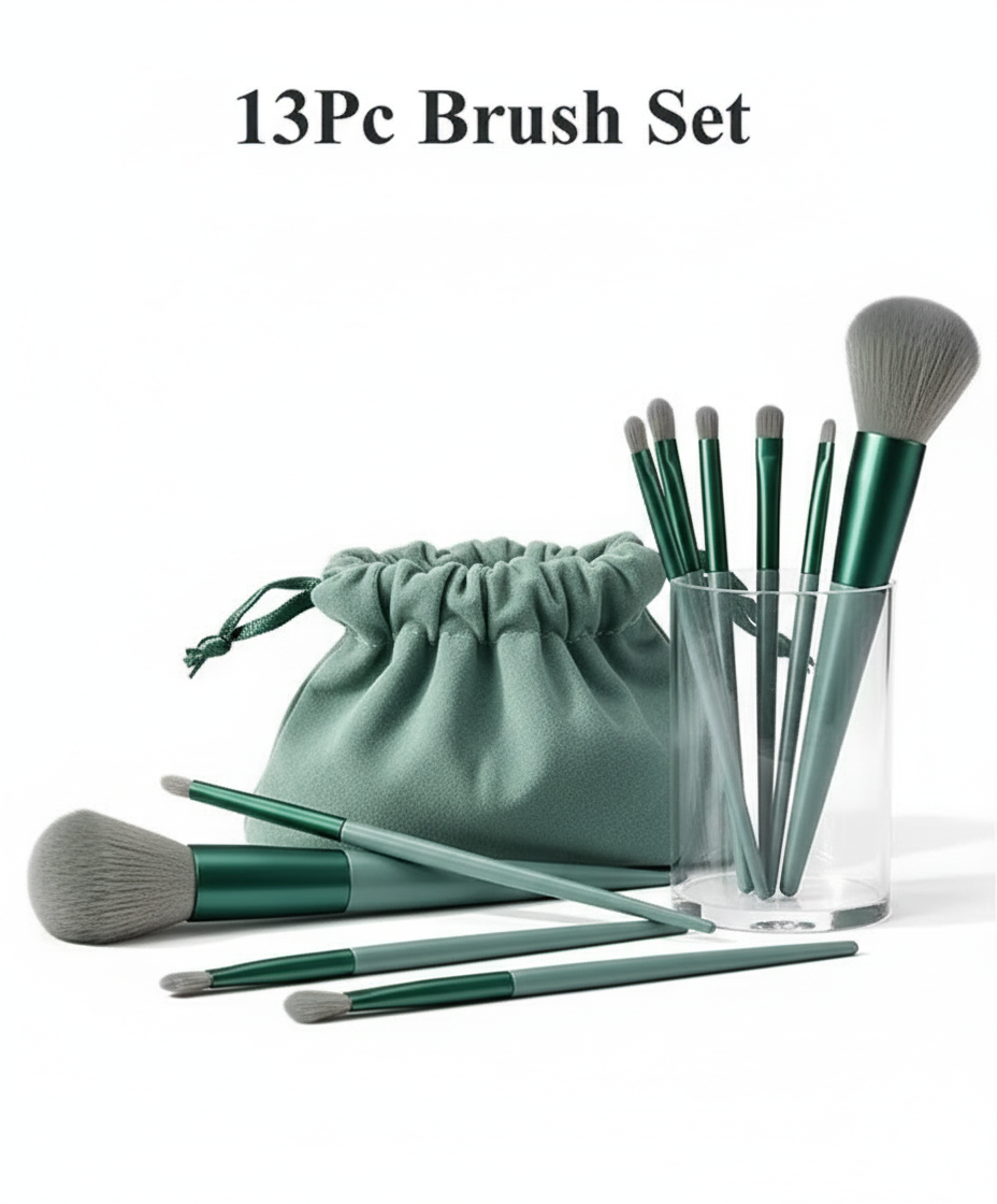 Professional 12-Piece Brown Makeup Brush Set with 1 Beauty Blender – Complete Face & Eye Makeup Kit