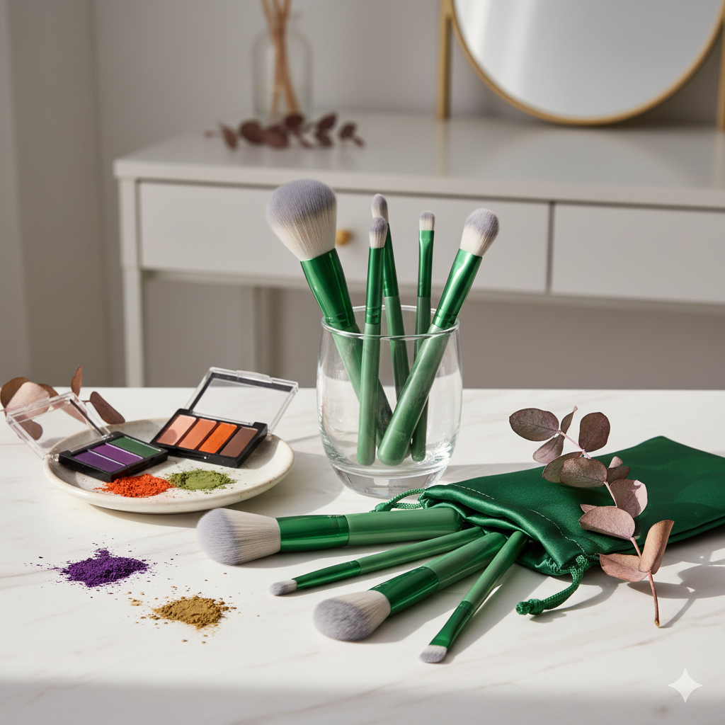 Professional 12-Piece Brown Makeup Brush Set with 1 Beauty Blender – Complete Face & Eye Makeup Kit