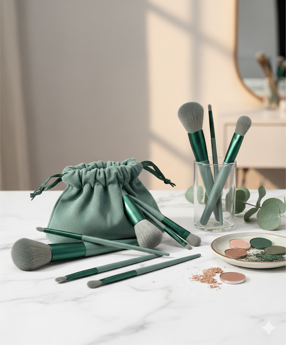 Professional 12-Piece Brown Makeup Brush Set with 1 Beauty Blender – Complete Face & Eye Makeup Kit