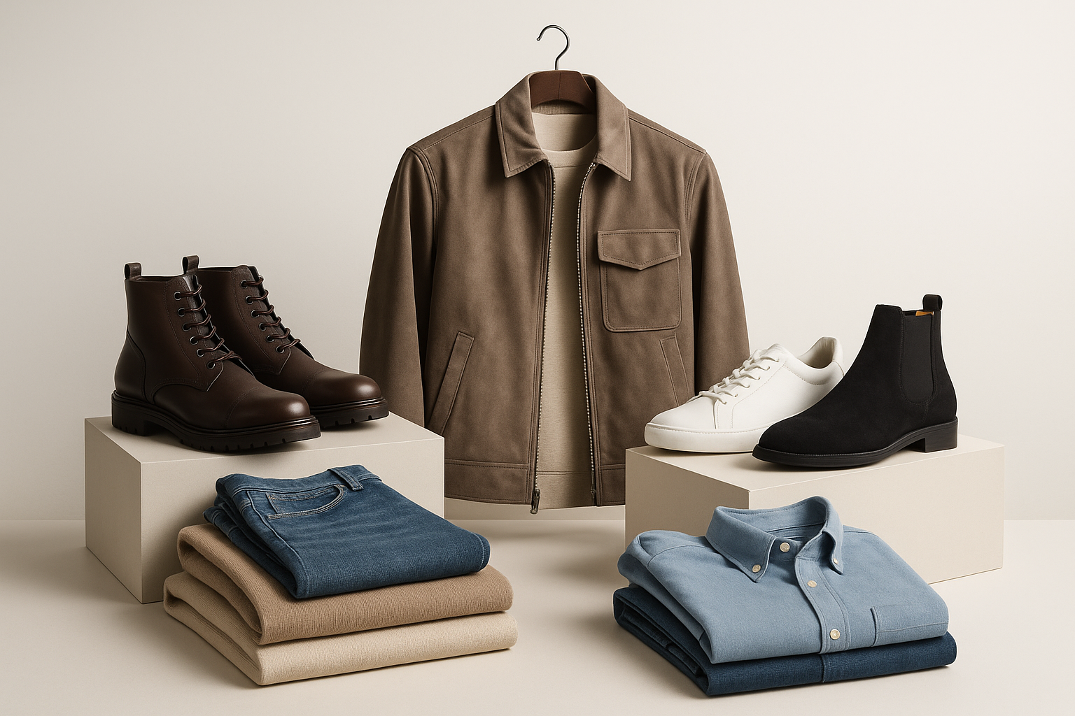 create an image of boots and cloths for showcasing 